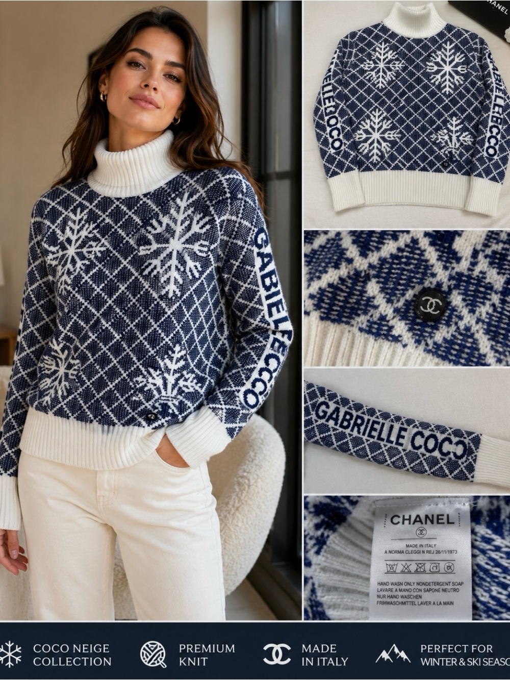 Authentic CHANEL Coco Neige Gabrielle knit turtleneck sweater in navy/ivory with
